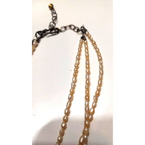 3 Strand Necklace Amber/Brown Beads Seed Pearl Look Adjustable Length Handmade - Picture 3 of 6